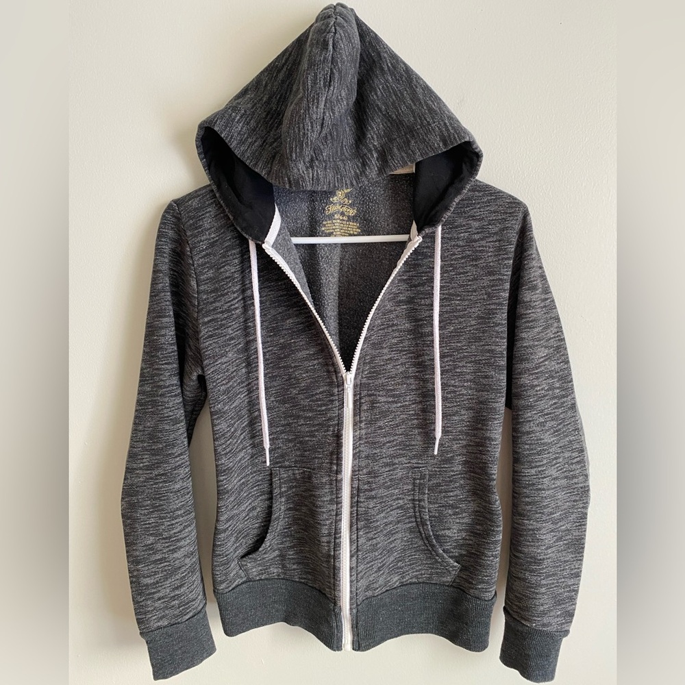 Faded Glory Gray Zip-Up Hoodie with White Zipper & Strings